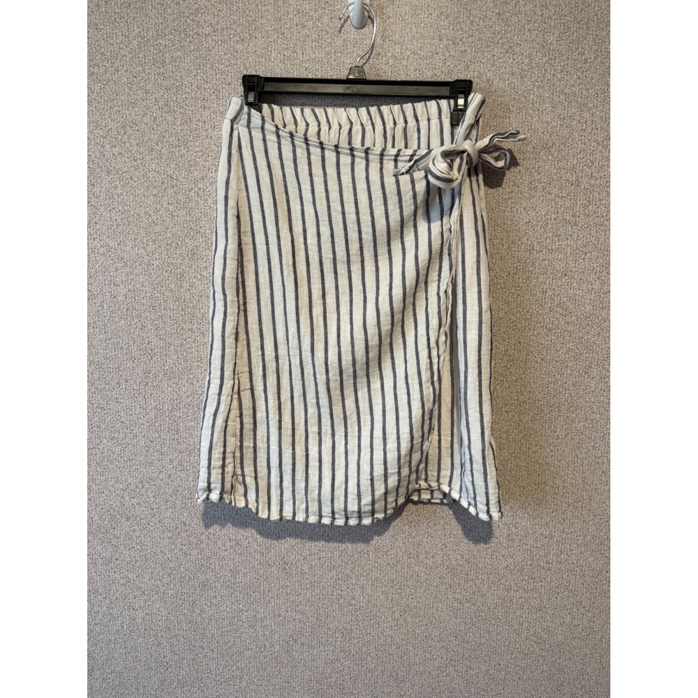Striped Tie-Waist Linen-Blend Wrap Skirt - White & Navy